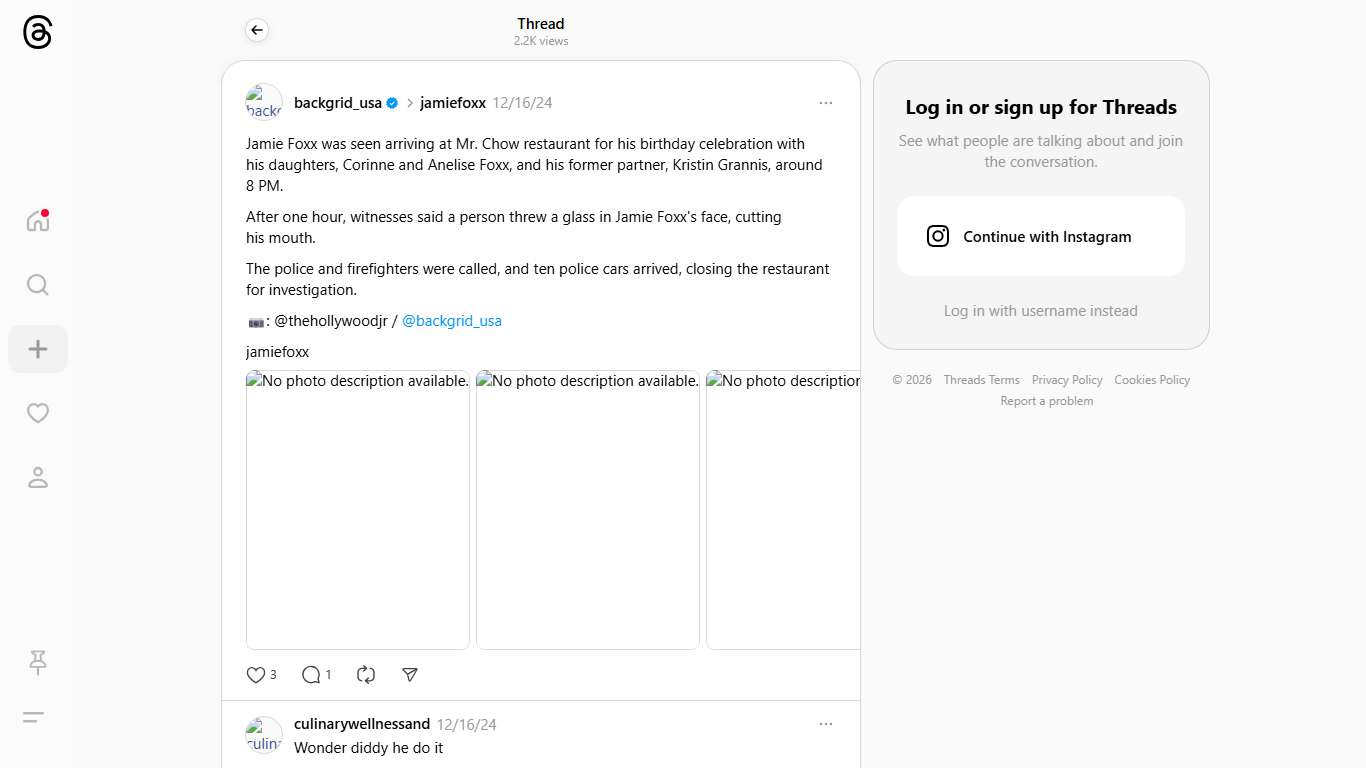 Jamie Foxx was seen arriving at Mr. Chow restaurant for his birthday celebration with his daughters, Corinne and Anelise Foxx, and his former partner, Kristin Grannis, around 8 PM. After one hour, witnesses said a person threw a glass in Jamie Foxx's face, cutting his mouth. The police and firefighters were called, and ten police cars arrived, closing the restaurant for investigation. 📷: @thehollywoodjr / @backgrid_usa jamiefoxx
